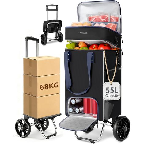 Chariot de Courses à roulettes 55L, Caddie de Courses Pliable Chariot de Courses Imperméable avec Sac Isotherme et Poche Anti-vol, Porte Jusqu'à 68 kg, Le Camping, Faire Les Courses, Noir