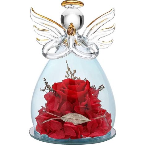 Geschenk zum Muttertag oder Geburtstag: Engelsfigur aus Glas, verziert mit hübschen lila Blüten – 11 x 7,5 cm – Roter Engel (1/5)