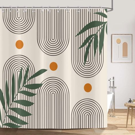 Rideau de Douche Boho 180x200 cm, Art Abstrait Moderne Style Boho Feuilles Vertes Ligne de Soleil Orange Beige Lavables Rideau Douche imperméable en Textile pour Baignoire avec 12 Crochets (1/5)