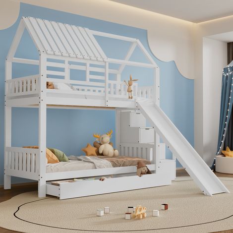 Lit superposé 90x200cm - structure en Bois de Pin et MDF - avec toboggans et escalier de rangement - un grand tiroir sous le lit - Blanc (1/5)
