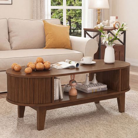 ADWOLT Table basse Ovale Salon ,Table de Salon moderne,MDF,Rangement caché et ouvert,100 x 50 x 40 cm,Couleur bois noyer