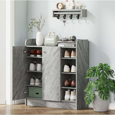 Meuble à chaussures 83x30x90 cm en bois gris, gain de place pour entrée, FloraGrace (1/5)