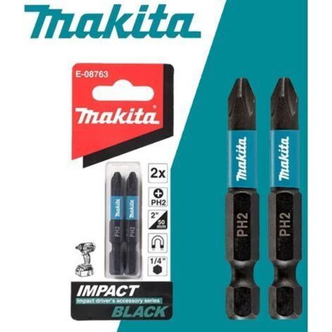 Makita E-08763 1/4" Schwarze Schlagschrauberbits PH2 Länge 50 mm 2 Stück Magnetische Kreuzschlitzschraubendreherkopf-Werkzeugteile (1/5)
