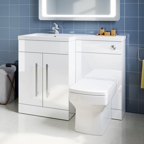 ELEGANT L Shape Bathroom Vanity Sink Unit 1100mm Furniture Storage High Gloss White Vanity Unit with Concealed Cistern + Basin with Ceramic Square Toilet Left Hand
