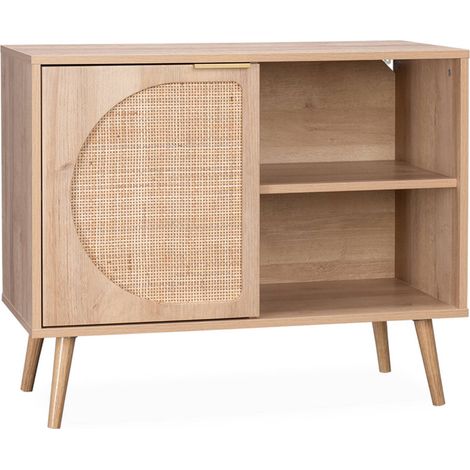 Buffet de rangement décor bois cannage arrondis. Eva. 1 portes réversible. deux niveaux. buffet bas. L80 x l39 x H65.8cm