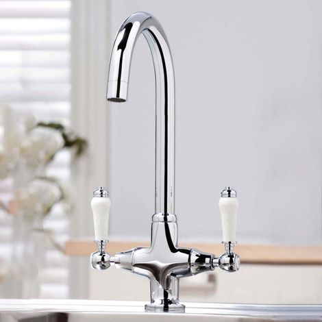 Traditional Chrome Twin Lever Kitchen Mixer Tap With Swivel Spout (1/3)