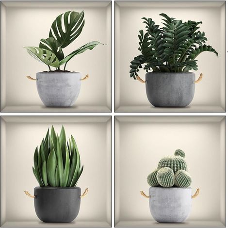 4-teiliges Wandtattoo-Set (30 x 30 cm) mit Topfpflanzen, Blumen und Vasen – 3D-Wanddekoration zum Selbstkleben mit Blättern – Moderne Wandkunst für Schlafzimmer, Wohnzimmer, Büro und Küche