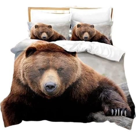 Housse de couette 140x200cm Ours brun 3D, 100% microfibre, ensemble 3 pièces avec 2 taies d'oreiller, fermeture éclair invisible (1/5)