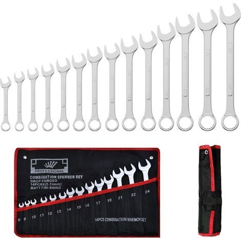 14 Pièces Clé Plate à Cliquet, 8-24 mm Jeu de Clé Plate Mixtes en Acier au Chrome Vanadium, Trousse Enroulable Bricolaget, Clef a Cliquet Polygonales pour la Fixation et le Démontage (1/5)