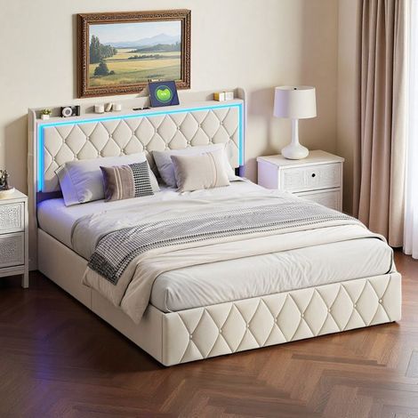 Letto contenitore 140x190 cm, LED regolabile, USB, idraulico, moderno, struttura del letto 140x190 cm, velluto, beige