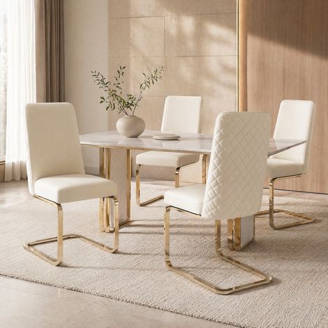 Samt-Esszimmerstuhl, 2er-Set, luxuriös, Wohnzimmer, Schlafzimmer, Lounge-Sessel, Diamant-Rücken-Design, mit goldfarbenen Metall-Stützbeinen, Beige[OLD SKU:WF317940AAB] (1/5)