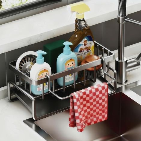 Organisateur d'évier en Acier Carbone, Bac d'écoulement Automatique, Porte Éponge et Porte Serviettes, Accessoire de Rangement Cuisine (1/5)