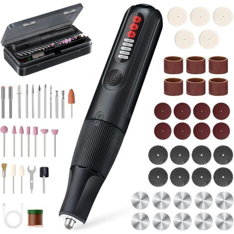 8V Outil Rotatif Multifonction Sans Fil avec 61 Pièces Accessoires, 5-Vitesses, 23000tr/min Max, Mini Perceuse Avec Lumière LED, pour Sculpture Polissage Ponçage Perçage et Bricolage -