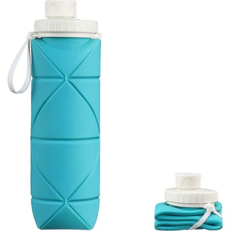Türkisfarbene, faltbare 600-ml-Reisewasserflasche, auslaufsicher und hitzebeständig (1/3)
