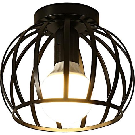 Vintage-Deckenleuchte, schwarze halbbündige Deckenleuchte, Metallkäfig-Deckenlampenschirm mit E27-Fassung für Wohnzimmer, Küche, Schlafzimmer, Flur, Hof