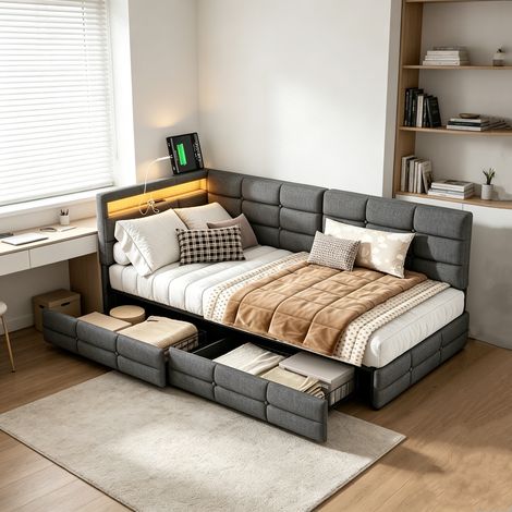 Letto 90x200 cm, letto singolo 90x200 con cassetti, divano letto, illuminazione LED regolabile, ricarica USB, struttura letto, rete a doghe, grigio, lino (1/5)