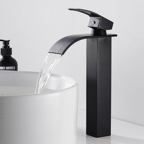 JOORRTNoir Robinet Cascade avec Haut Bec Mitigeur Lavabo Haut Mono-trou Robinetterie Lave-mains avec Levier Unique en Cuivre Mélangeur l'Eau Chaude et Froide pour Salle de Bain.- (1/4)