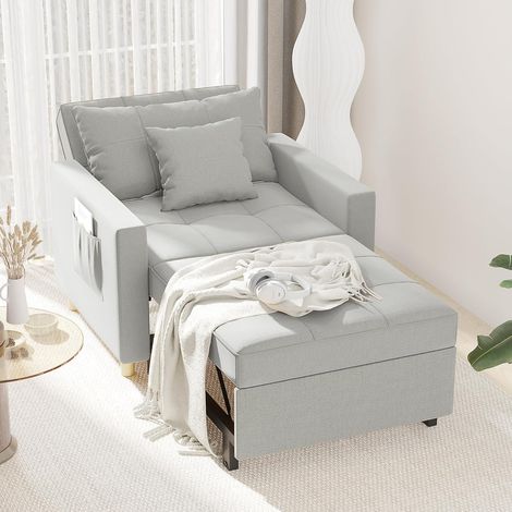 YODOLLA 192cm Schlafsessel 3-in-1 Schlaferstuhl Ausziehbar Schlafstuhl Betten, Schlafsofa mit Seitentasche und Regulierbarer Rückenlehne für Erwachsene Leinenstoff Sofa Bed Chair, Hellgrau