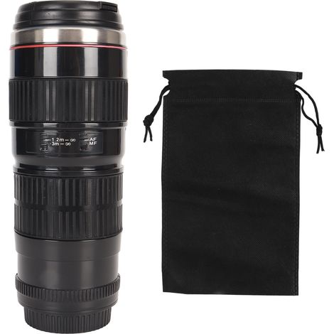 Kaffeebecher aus Edelstahl in Form eines Kameraobjektivs, auslaufsicherer Deckel, ideal für Fotografen, auf Reisen, für Männer und Frauen, Farbe: Schwarz. (1/5)