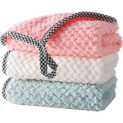 Torchon en velours de corail 3 pièces, chiffon à vaisselle antiadhésif à l'huile, tampon à récurer épais absorbant Double face (1/5)