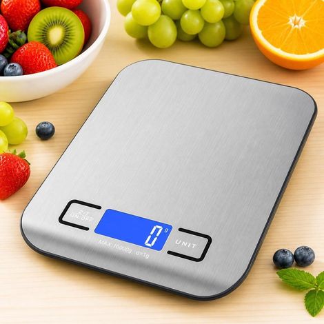 Bilancia da cucina digitale in acciaio inossidabile con display LCD, capacità 10 kg/1 grammo, per uso domestico. (1/4)