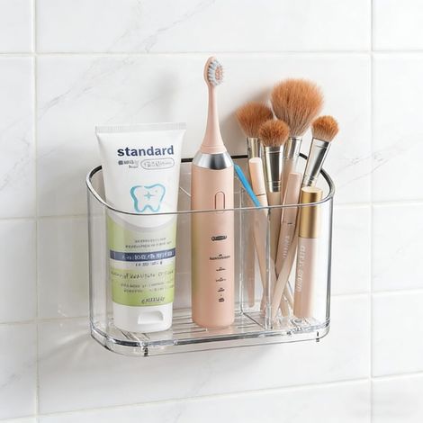 2 Porte-Brosse à Dents, Support Mural et Comptoir, Acrylique Transparent, Adhésif Sans Percer, Trou Évacuation, Salle de Bain (1/5)