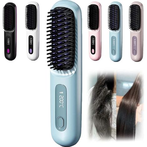 Brosse Coiffante Cocoony Cheveux Courts, Brosse Lissante Rechargeable Portable, Chauffage Rapide 20s, Réglage de la température en 3 étapes,Pour Coiffage Quotidien & Voyage (Bleu)
