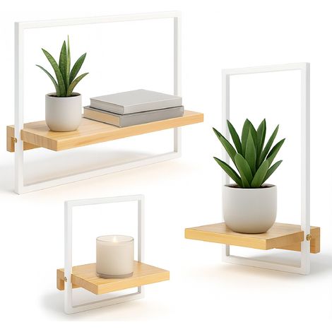 Étagère murale en bois – Set de 3 étagères murales flottantes et étagères décoratives pour salon, salle de bain et chambre – Étagères murales en bois naturel avec cadre métallique décoratif (1/5)