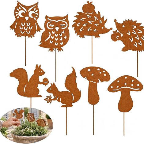 Tuteurs de jardin, aspect rouille, décoration automnale, 31 cm, métal double face, avec motifs hibou, champignon, hérisson et écureuil. Idéal pour le jardin, les pots de fleurs, la terrasse ou comme c (1/5)