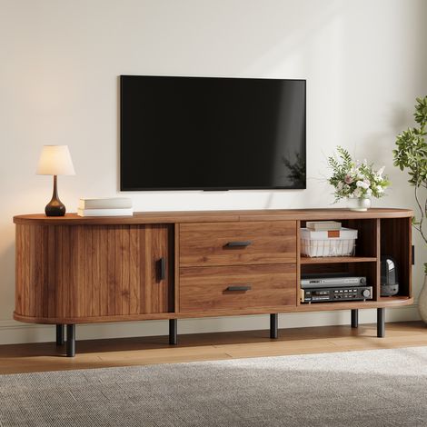 Modernluxe - Meuble TV 160x40x55 cm - 2 tiroirs et 2 portes coulissantes - Angles arrondis - Pieds en métal - Marron (1/5)