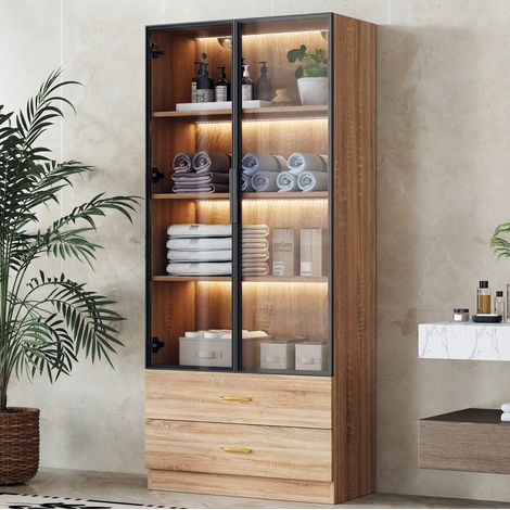 Mueble de baño 75 cm con iluminación, 2 cajones grandes y 2 puertas de vidrio, marrón HAVRYA (1/5)