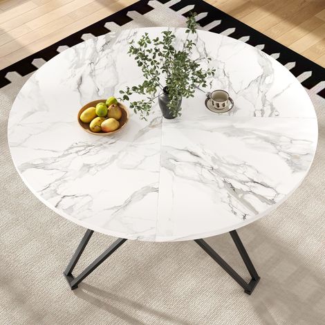Runder Esstisch (100×100×76cm), Küchen-Esstisch, runder Couchtisch für 4 Personen, geeignet für Esszimmer, Wohnzimmer, stilvolle Tischbeine aus Metall, Tischplatte aus MDF-Marmor, schwarz (1/5)
