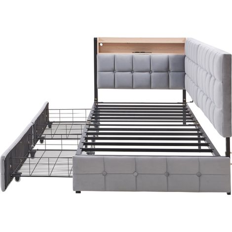 Letto divano capitonné 90 x 200 cm grigio con 2 cassetti, LED e porte USB Type-C (1/5)
