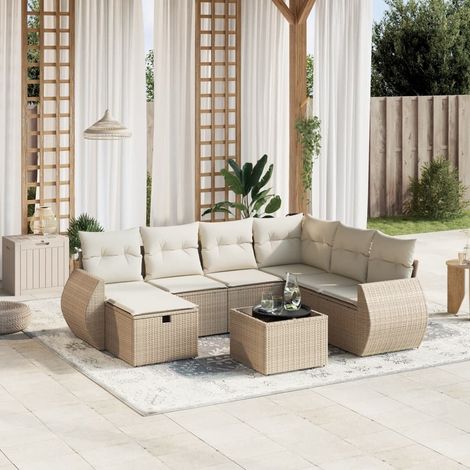 Salon de Jardin 8 Places en Résine Tressée Beige avec Coussins - Table Verre Trempé - Ensemble Modulaire Jardin (1/4)