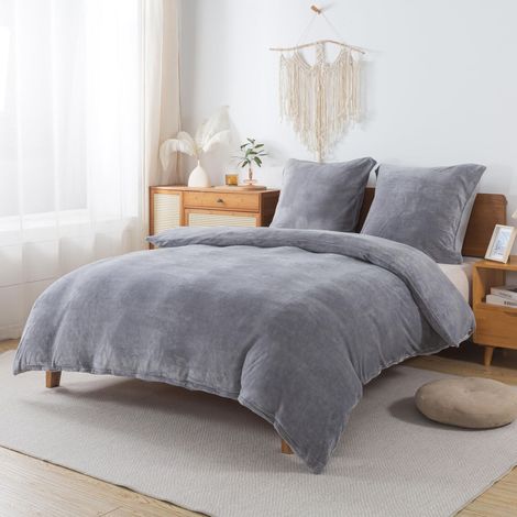 Parure de lit en peluche, 135 x 200 cm, gris, lot de 2 pièces, housse de couette d'hiver en flanelle et 1 taie d'oreiller 80 x 80 cm, doux cachemire au toucher, polaire (1/5)