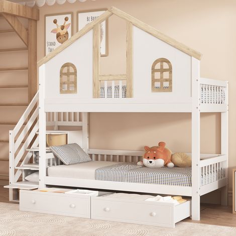 Litera infantil 90x200 cm blanco y natural, con ventanas y 2 cajones (1/5)