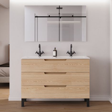 Meuble de salle de bain 120cm double vasque - 3 tiroirs - roble era (chêne clair) - RIZA (1/5)
