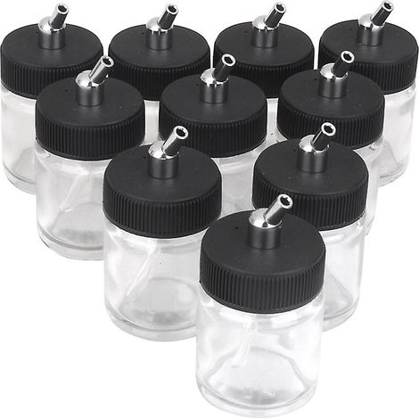 10 flacons aérographe de 22 cc, pot vide avec couvercle à ventouse et pompe. (1/5)