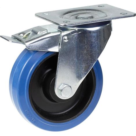 Roue pivotante/freinante de 125 mm avec caoutchouc élastique bleu sur roue centrale en nylon (1/5)