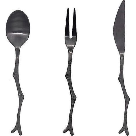 Ensemble de 3 cuillères et fourchettes en acier inoxydable, style vintage, motif branches d'arbre, pour la maison et le restaurant (noir)-13.80X1.20X0.25CM (1/4)