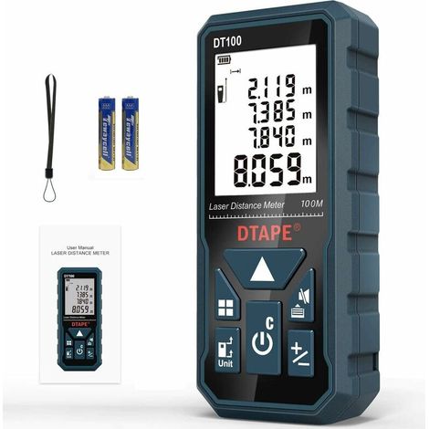 Laser Distance Meter 100m,DT100 Portable Handle Digital Laser Measure Tool Range Finder Larger Backlit LCD 4 Line Display IP54 Shockproof Battery Included