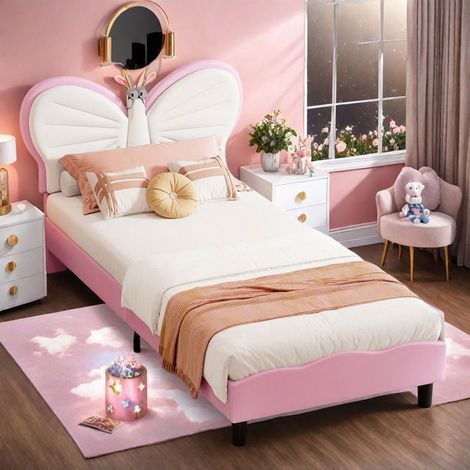 Bett Kind 90x200 Schmetterlingskopf Samt Rosa - LED - Lattenrost Inklusive (1/5)