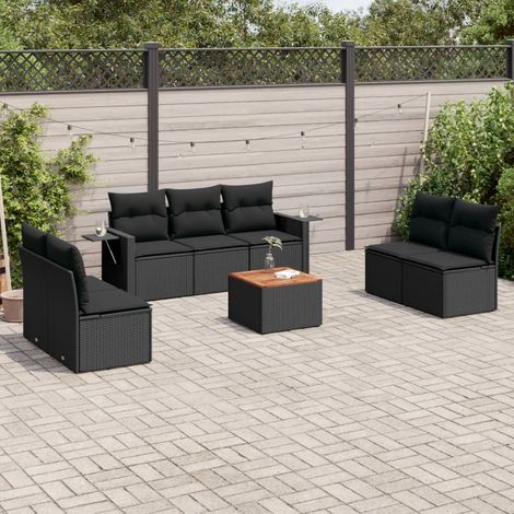 Salon de jardin 8 pièces en résine tressée noire avec coussins pour terrasse et balcon - PANGIVO (1/5)