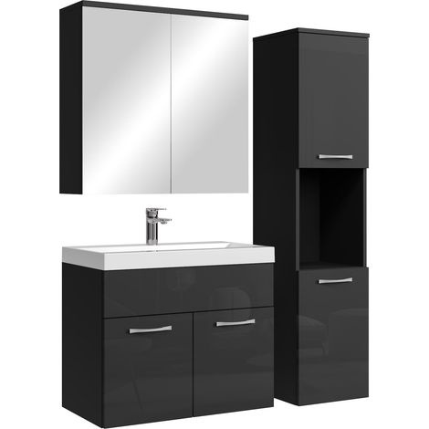 Badplaats Set Mobili Bagno Montreal 60 cm - Nero Lucido - Mobile con Specchio Contenitore e Pensile (1/5)
