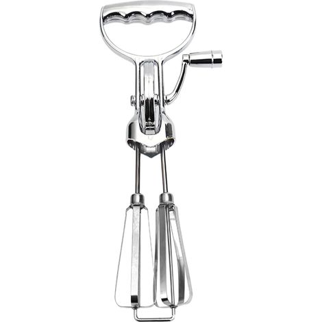 Batidora manual giratoria de acero inoxidable, batidora de mano de doble cabezal con manivela, utensilio de cocina portátil apto para el hogar y para acampar, tamaño grande plateado. (1/5)