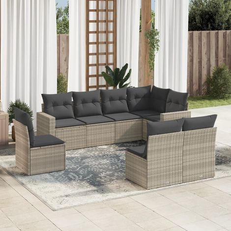 8-tlg. Garten-Sofagarnitur mit Kissen Hellgrau Poly Rattan (1/3)