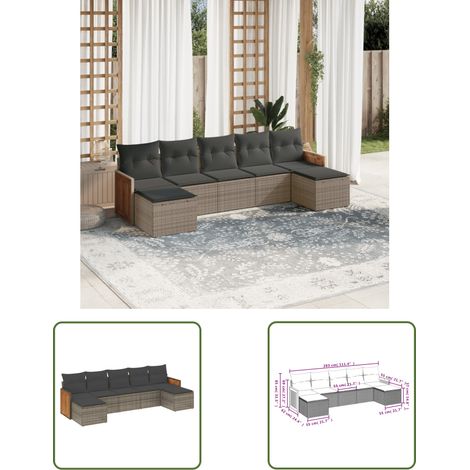 The Living Store 7-tlg. Garten-Sofagarnitur mit Kissen Grau Poly Rattan - Gartensorte - Gartenmöbelset - PE-Rattan Möbel - Outdoor Lounge Set - Balkonmöbel