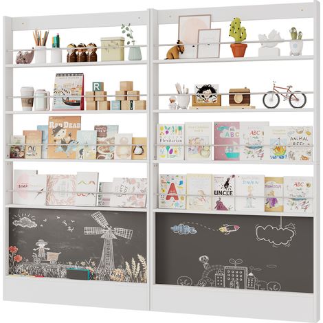 Librería infantil de 4 estantes con pizarra, set de 2, blanca, 200 x 10 x 180 cm (1/5)
