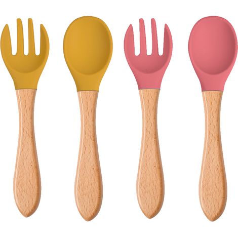 4 cuillères et fourchettes en silicone avec manche en bois pour bébés et enfants, à long manche. (1/5)