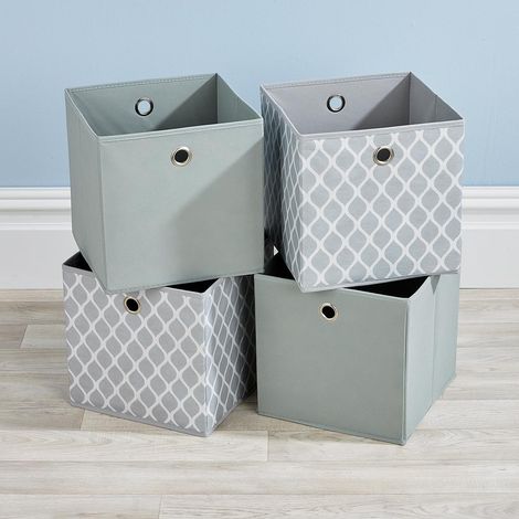 Folding 2 Grey 2 Patterned Square Storage Utility Box Fabric Cube 4pc Basket Set (1/4)